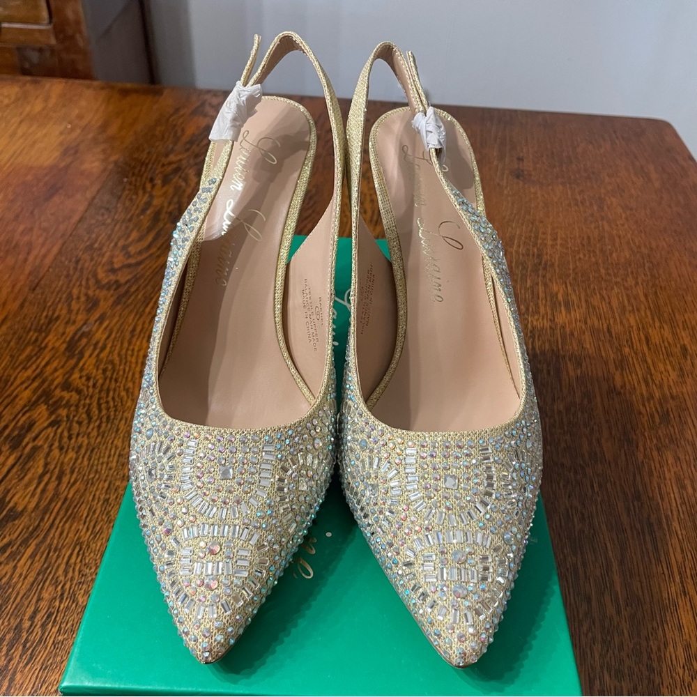Lauren Lorraine RACHEL NUDE Gold&Cream Beaded Slingback 4 Inch Heels Size 9